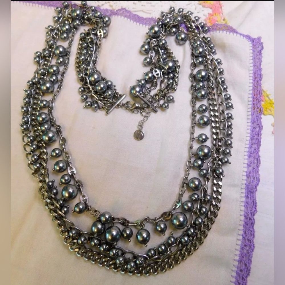 Trifari Multi Chain Gray Faux Pearl Beaded Necklace 30 inch